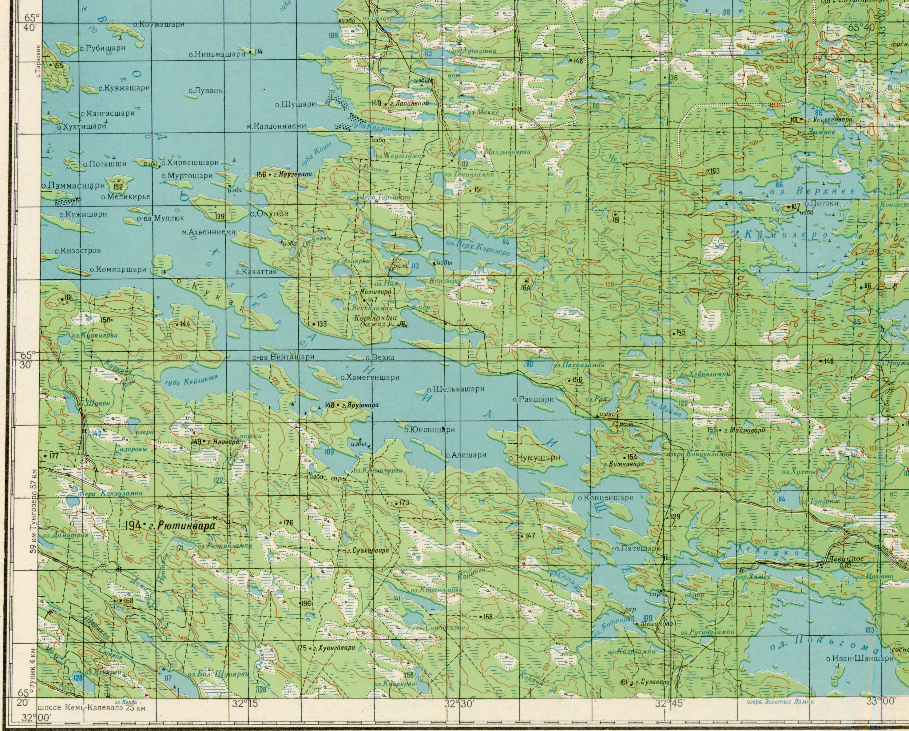 Карта Карелии топографическая Пяозеро