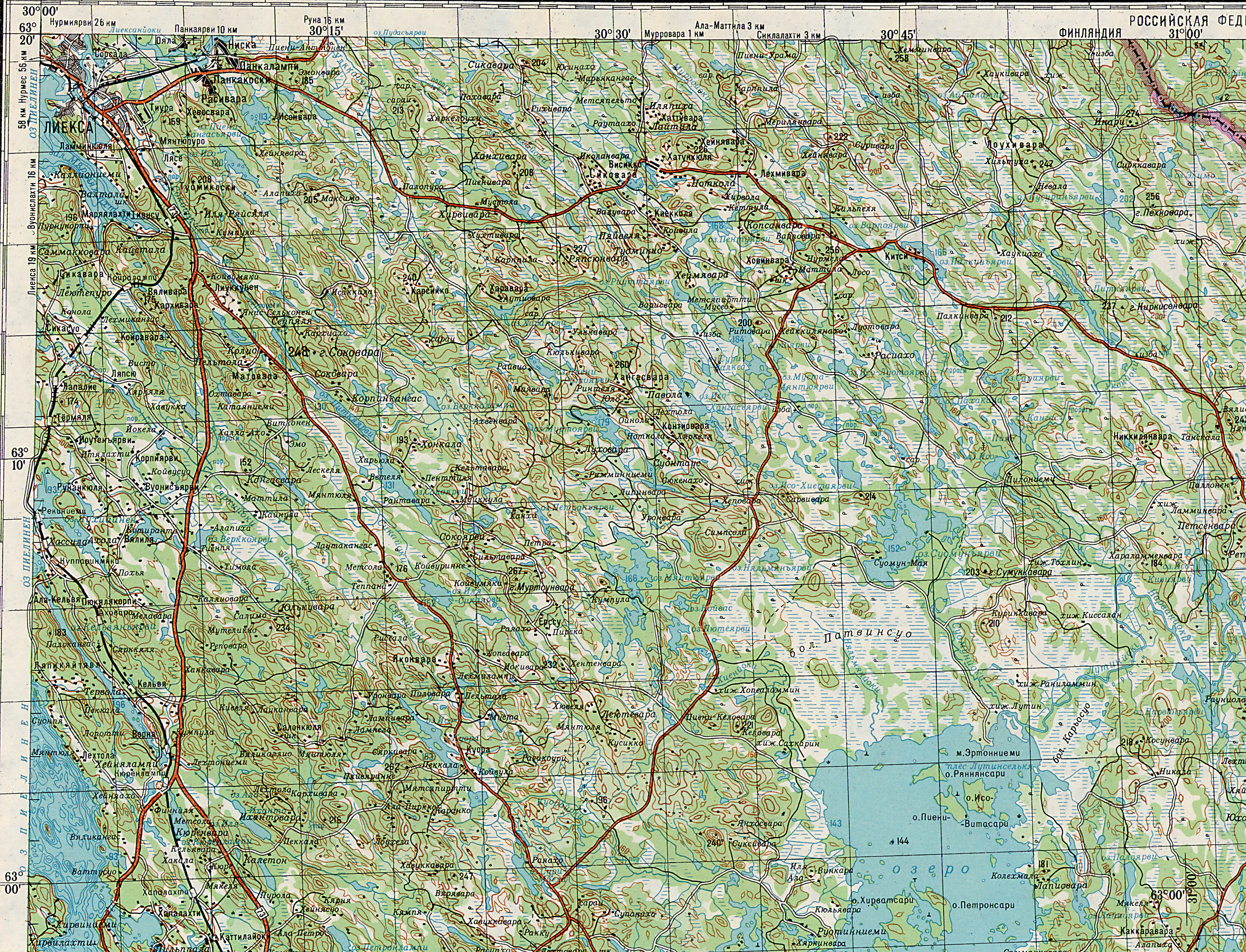Топографическая карта карелии с озерами и дорогами километровка