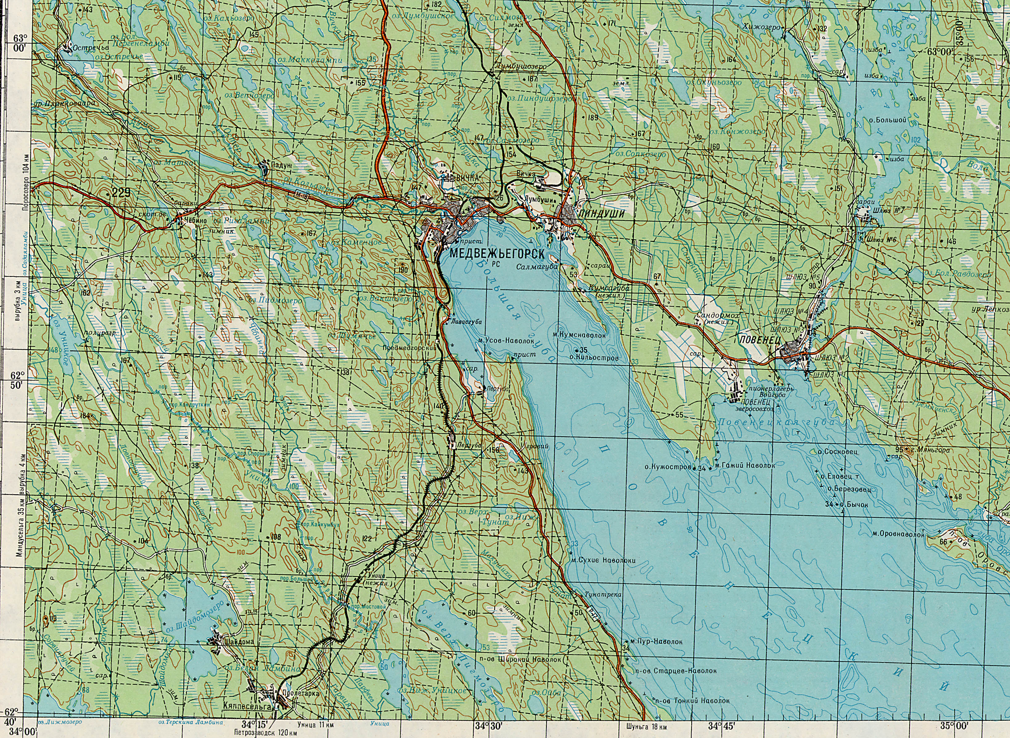 Топографическая карта Карелии Медвежьегорский район